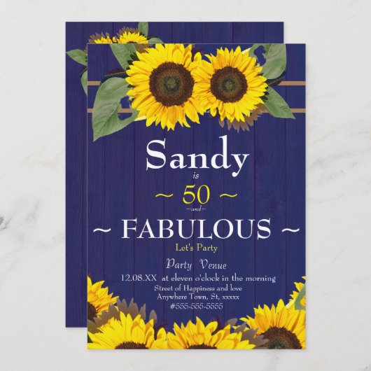 ファブラスとフィフティ誕生日モダンブルーサンフラワー 招待状 (正面/裏面)