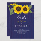 ファブラスとフィフティ誕生日モダンブルーサンフラワー 招待状 (正面/裏面)