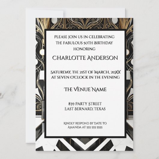 ファブラスアートデコエスニックウーマン金ゴールド白黒 招待状 (裏面)