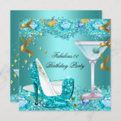 ファブラスティール(緑がかった色)ブルーグリッターハイヒールマルティーニ 招待状 (正面/裏面)