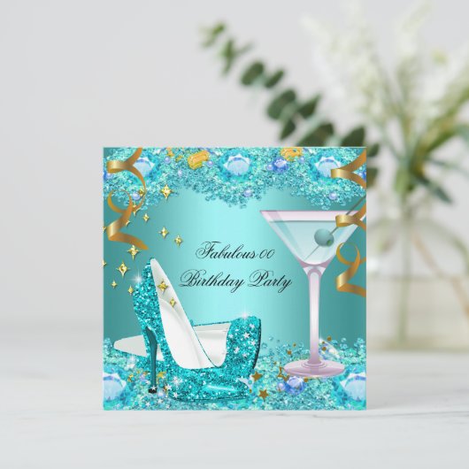 ファブラスティール（緑がかった色）ブルーグリッターハイヒールマルティーニ 招待状 (スタンド正面)