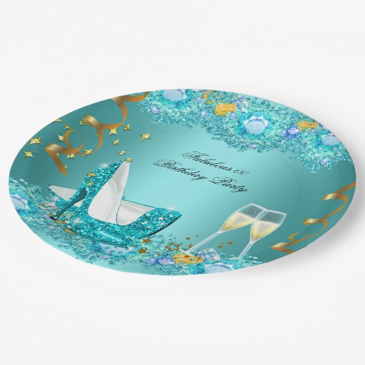 ファブラスティール（緑がかった色）ブルーグリッター ペーパープレート (アングル)