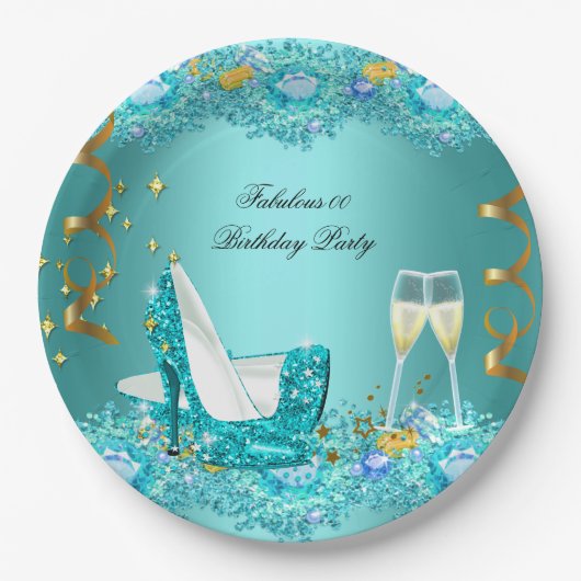 ファブラスティール（緑がかった色）ブルーグリッター ペーパープレート (正面)