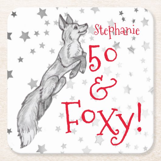 ファブラスフォキシ50th誕生日白黒レッドキツネ スクエアペーパーコースター (正面)