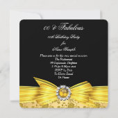 ファブラスブラックイエロー金ゴールドダマスクバラ誕生日 招待状 (裏面)