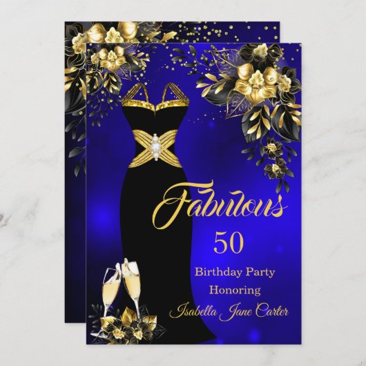 ファブラス誕生日シャンパンブルー金ゴールドフローラ 招待状 (正面/裏面)