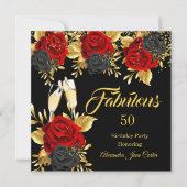 ファブラス誕生日シャンパンレッドブラックバラ金ゴールド 招待状 (正面)