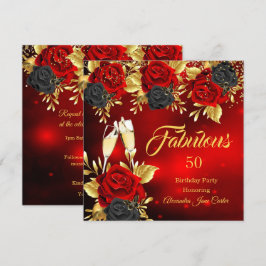 ファブラス誕生日シャンパンレッドブラックバラ金ゴールド 招待状