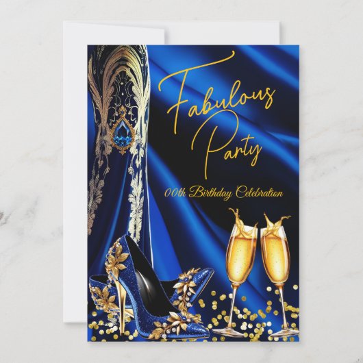 ファブラス誕生日ブルー金ゴールドハイトシャンパーニュ 招待状 (正面)