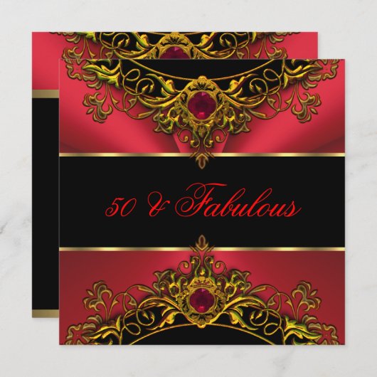 ファブラス50エリートレッドブラック金ゴールド誕生日 招待状 (正面/裏面)