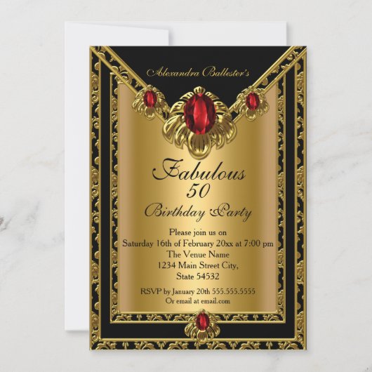 ファブラス50エレガント金ゴールドダマスクレッドジェム誕生日 招待状 (正面)