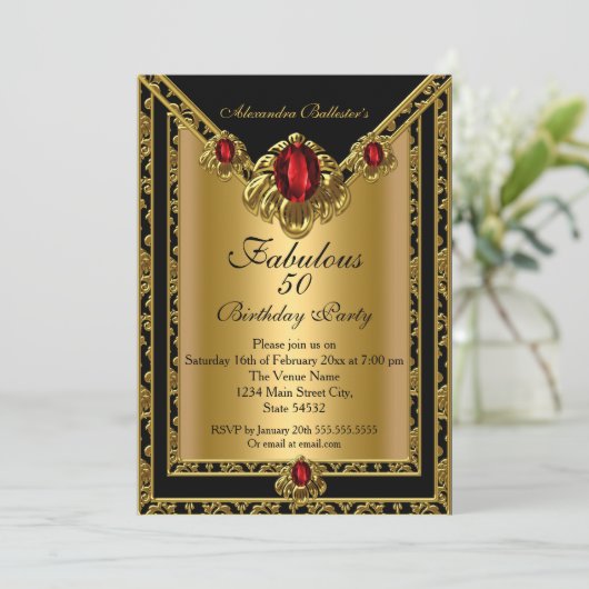 ファブラス50エレガント金ゴールドダマスクレッドジェム誕生日 招待状 (スタンド正面)