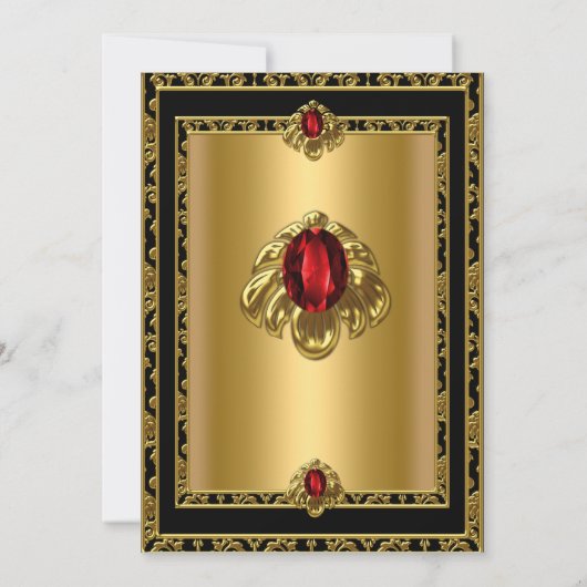 ファブラス50エレガント金ゴールドダマスクレッドジェム誕生日 招待状 (裏面)