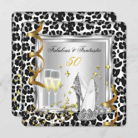 ファブラス50シルバーヒールレオパード金ゴールド誕生日2 招待状 (正面/裏面)