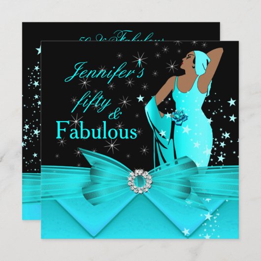 ファブラス50ティール(緑がかった色)グラマラスレトロ女性誕生日 招待状 (正面/裏面)