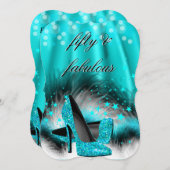 ファブラス50ティール（緑がかった色）ブルースターズハイヒール誕生日 招待状 (正面/裏面)