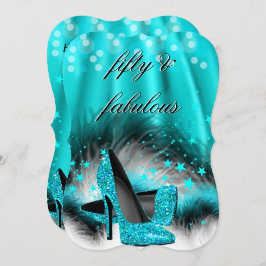 ファブラス50ティール(緑がかった色)ブルースターズハイヒール誕生日 招待状 (正面/裏面)