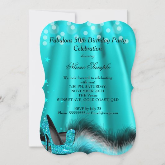ファブラス50ティール（緑がかった色）ブルースターズハイヒール誕生日 招待状 (裏面)