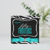 ファブラス50ティール（緑がかった色）ブルーゼブラブラックエレガント誕生日 招待状 (スタンド正面)