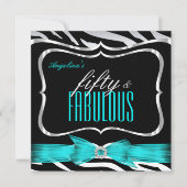 ファブラス50ティール（緑がかった色）ブルーゼブラブラックエレガント誕生日 招待状 (正面)