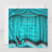 ファブラス50ティール(緑がかった色)ブルーハイヒール羽根誕生日 招待状 (裏面)
