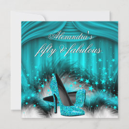 ファブラス50ティール（緑がかった色）ブルーハイヒール羽根誕生日 招待状