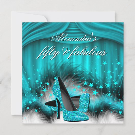 ファブラス50ティール(緑がかった色)ブルーハイヒール羽根誕生日 招待状 (正面)