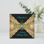 ファブラス50ティール(緑がかった色)ブルー金ゴールドブラックダマスク誕生日 招待状 (スタンド正面)