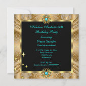 ファブラス50ティール(緑がかった色)ブルー金ゴールドブラックダマスク誕生日 招待状 (裏面)