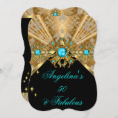 ファブラス50ティール（緑がかった色）ブルー金ゴールドブラックダマスク誕生日 招待状 (正面/裏面)