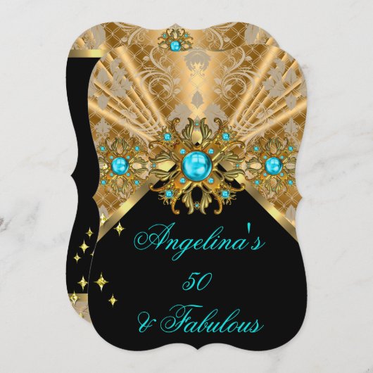 ファブラス50ティール（緑がかった色）ブルー金ゴールドブラックダマスク誕生日 招待状 (正面/裏面)