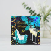 ファブラス50ファンタスティックティール(緑がかった色)金ゴールドシャンパン誕生日 招待状 (スタンド正面)