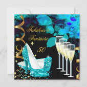 ファブラス50ファンタスティックティール(緑がかった色)金ゴールドシャンパン誕生日 招待状 (正面)