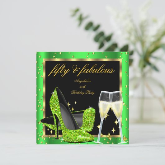 ファブラス50ライムグリーンシャンパンヒール誕生日 招待状 (スタンド正面)