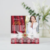 ファブラス50レッド金ゴールドホワイトレース誕生日 招待状 (スタンド正面)