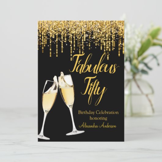 ファブラス50誕生日グリッター金ゴールドシャンパン 招待状 (スタンド正面)