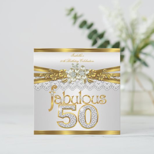 ファブラス50誕生日ホワイトパール金ゴールドレース 招待状 (スタンド正面)