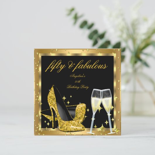 ファブラス50金ゴールドシャンパンハイヒール誕生日2 招待状 (スタンド正面)