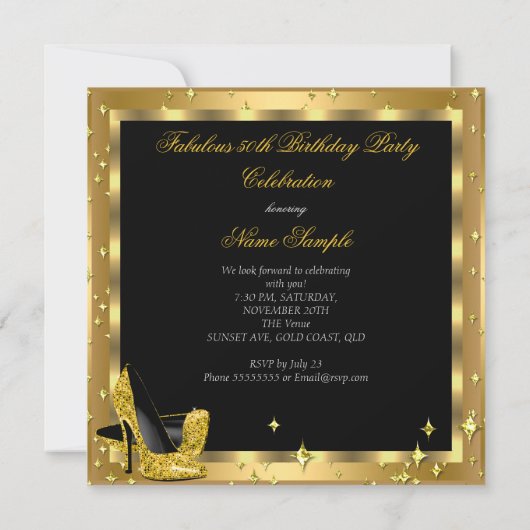 ファブラス50金ゴールドシャンパンハイヒール誕生日2 招待状 (裏面)