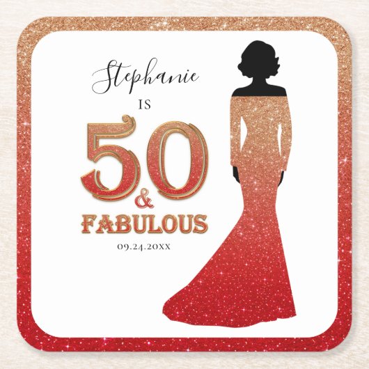 ファブラス50th誕生日グラデーショングリッターガウン スクエアペーパーコースター (正面)