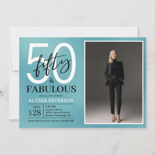 ファブリシャスなティールスクリプトの50歳の誕生日フォト 招待状 (正面)