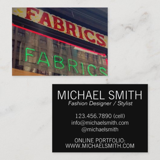 ファブリックストアのネオンサイン衣装ファッションデザイナー 名刺 (正面/裏面)