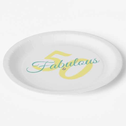 ファブルイエローシンプルティール(緑がかった色)モダン50番目誕生日 ペーパープレート (アングル)