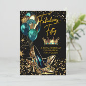 ファブルクイーンティール（緑がかった色）クラウン金ゴールドヒール誕生日 招待状 (スタンド正面)