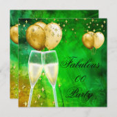 ファブルシャンパンバースデーパーティーグリーン金ゴールド 招待状 (正面/裏面)