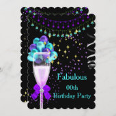 ファブルシャンパンパープルティール（緑がかった色）バースデーパーティー 招待状 (正面/裏面)