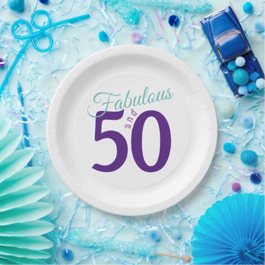 ファブルパープルシンプルティール(緑がかった色)モダン50th誕生日 ペーパープレート (パーティー)