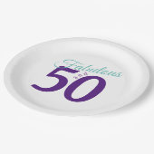 ファブルパープルシンプルティール(緑がかった色)モダン50th誕生日 ペーパープレート (アングル)