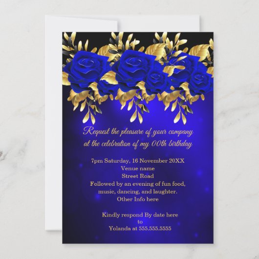 ファブルースアニュエージ誕生日ブルーバラ金ゴールド 招待状 (裏面)