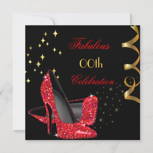 ファブルーズレッドグリッターハイヒールブラック誕生日 招待状 (正面)